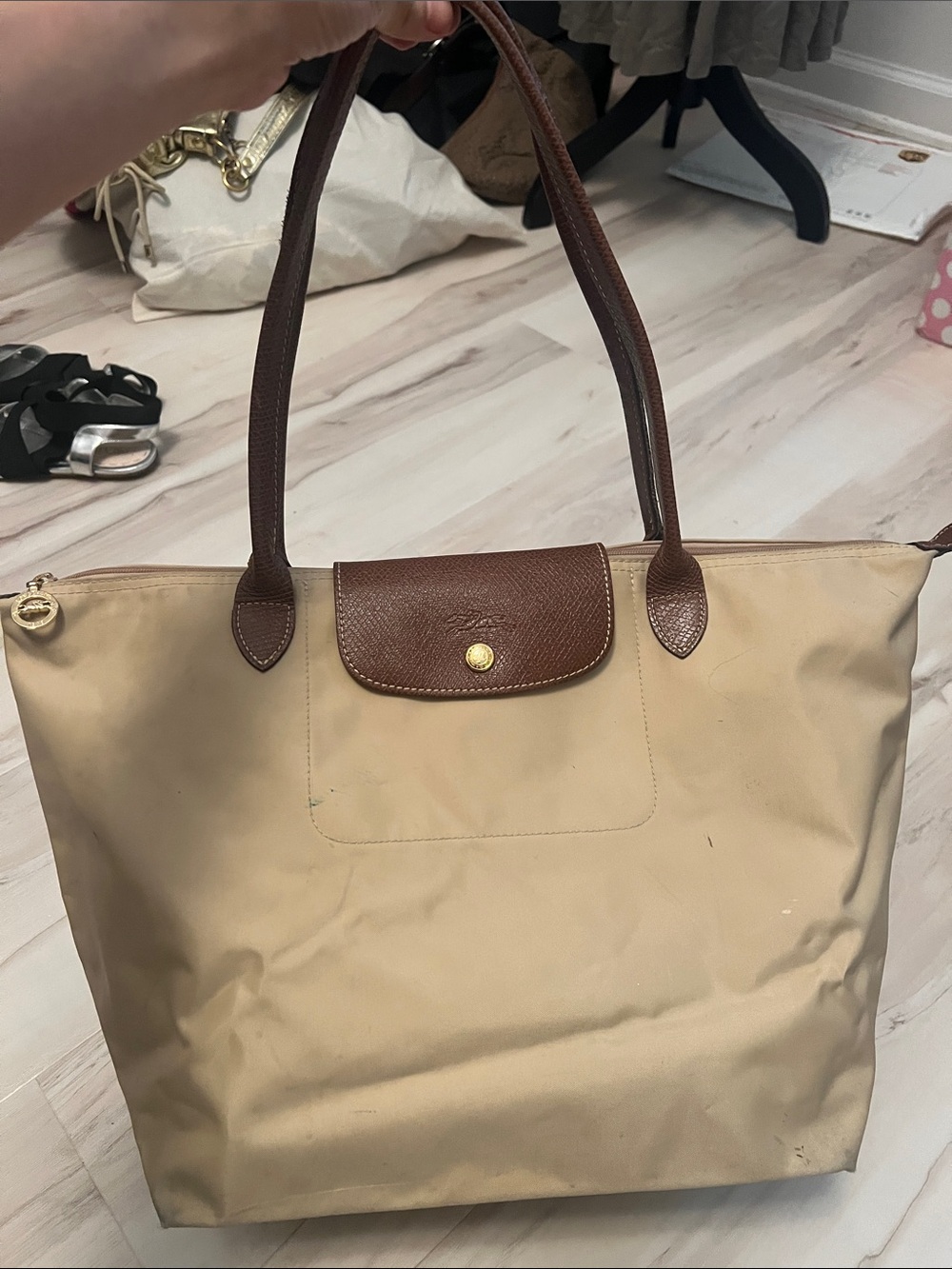 Classic Longchamp Beige Tote Bag with Brown Leather Trim